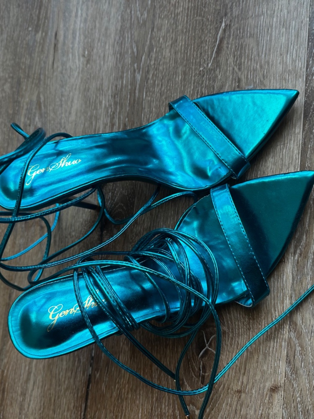 Metallic Blue Lace-Up Pointed-Toe Stiletto Heels - Picture 5 of 7